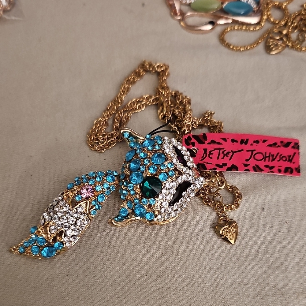 Betsey Johnson Gold and Blue, Pink White Stones LG Owl Necklace NEW